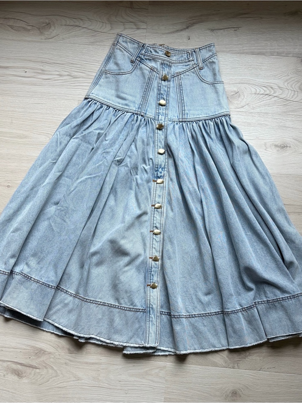 Aje Belmond Light Blue Denim Button-Front Maxi Skirt